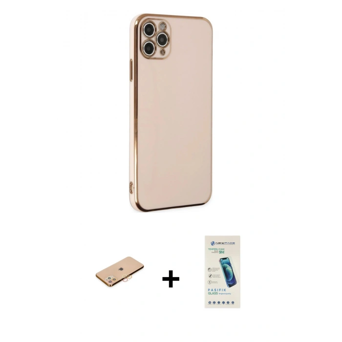 MARSİLYAN™- iPhone 11 Pro Max Kılıf Yankı Serisi - Şeffaf Pasifik Cam Ekran Koruyucu + Turuncu Renkli Kamera Lens Koruma Cam