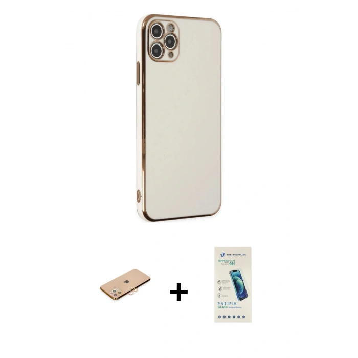 MARSİLYAN™- iPhone 11 Pro Max Kılıf Yankı Serisi - Şeffaf Pasifik Cam Ekran Koruyucu + Turuncu Renkli Kamera Lens Koruma Cam