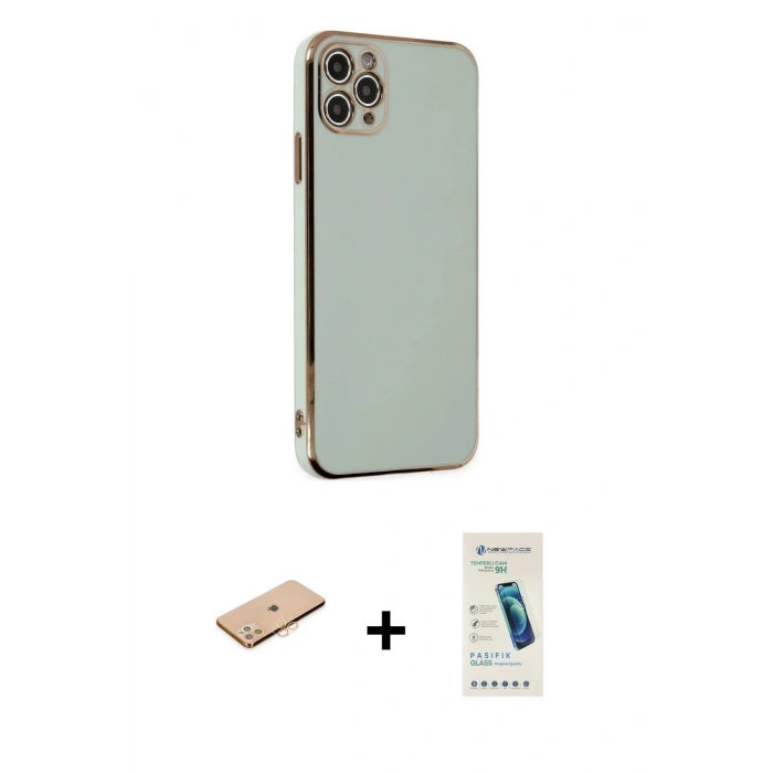 MARSİLYAN™- iPhone 11 Pro Max Kılıf Yankı Serisi - Şeffaf Pasifik Cam Ekran Koruyucu + Turuncu Renkli Kamera Lens Koruma Cam