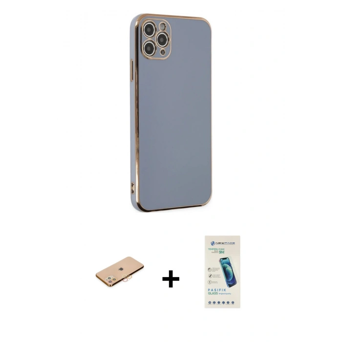 MARSİLYAN™- iPhone 11 Pro Max Kılıf Yankı Serisi - Şeffaf Pasifik Cam Ekran Koruyucu + Turuncu Renkli Kamera Lens Koruma Cam