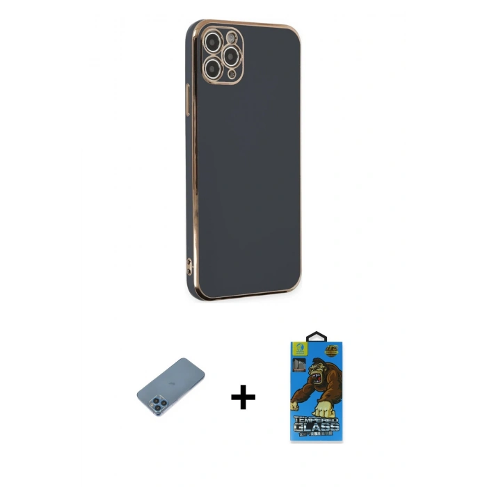 MARSİLYAN™- iPhone 11 Pro Max Kılıf Yankı Serisi - Siyah 18D Cam Ekran Koruyucu + Shine Kamera Lens Koruma Cam - MI