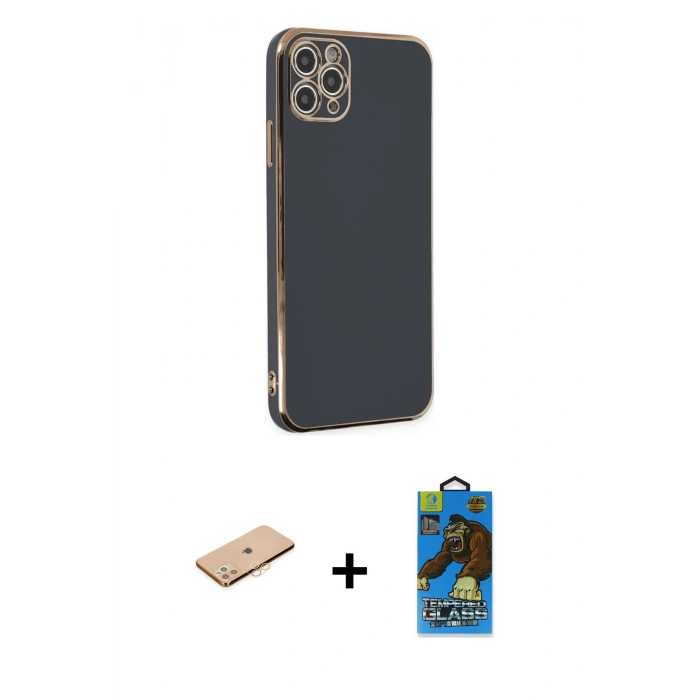 MARSİLYAN™- iPhone 11 Pro Max Kılıf Yankı Serisi - Siyah 18D Cam Ekran Koruyucu + Renkli Kamera Lens Koruma Cam - TU