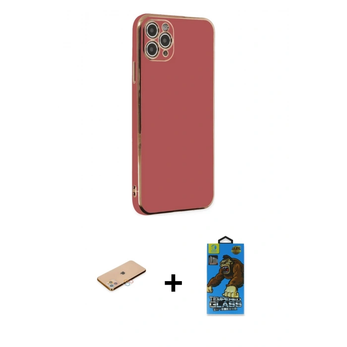 MARSİLYAN™- iPhone 11 Pro Max Kılıf Yankı Serisi - Siyah 18D Cam Ekran Koruyucu + Renkli Kamera Lens Koruma Cam - PE