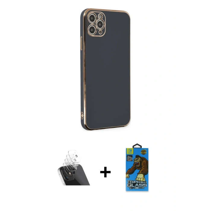 MARSİLYAN™- iPhone 11 Pro Max Kılıf Yankı Serisi - Siyah 18D Cam Ekran Koruyucu + Kamera Lens Koruma Cam - SF