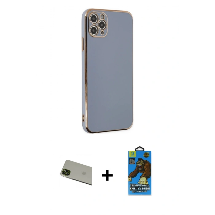 MARSİLYAN™- iPhone 11 Pro Max Kılıf Yankı Serisi - Siyah 18D Cam Ekran Koruyucu + Rainbow Kamera Lens Koruma Cam - YL