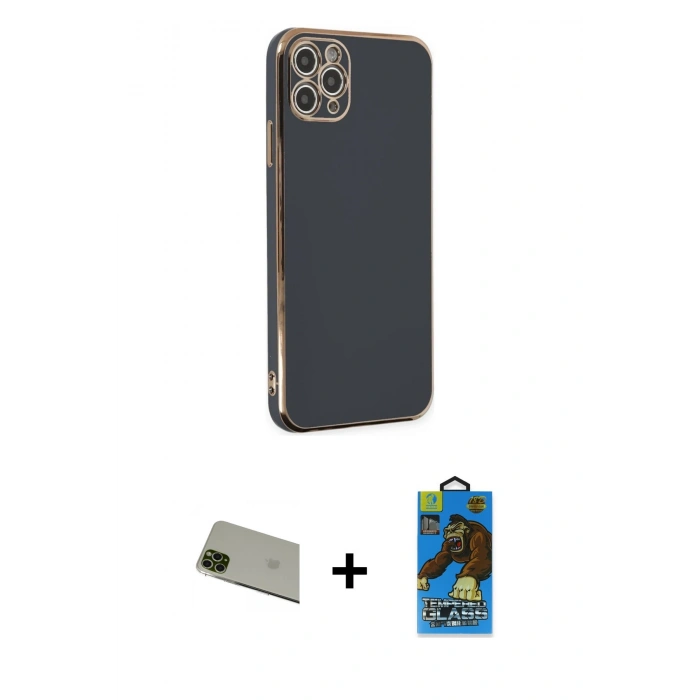 MARSİLYAN™- iPhone 11 Pro Max Kılıf Yankı Serisi - Siyah 18D Cam Ekran Koruyucu + Rainbow Kamera Lens Koruma Cam - YL