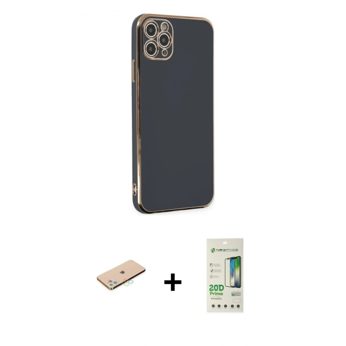 MARSİLYAN™- iPhone 11 Pro Max Kılıf Yankı Serisi - Siyah 20D Premium Cam Ekran Koruyucu + Renkli Kamera Lens Koruma Cam - MI