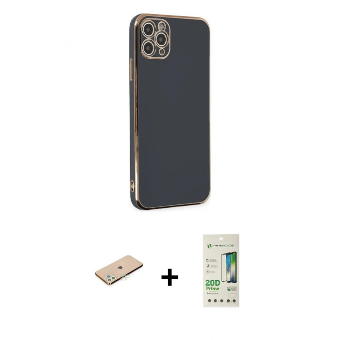 MARSİLYAN™- iPhone 11 Pro Max Kılıf Yankı Serisi - Siyah 20D Premium Cam Ekran Koruyucu + Renkli Kamera Lens Koruma Cam - YL