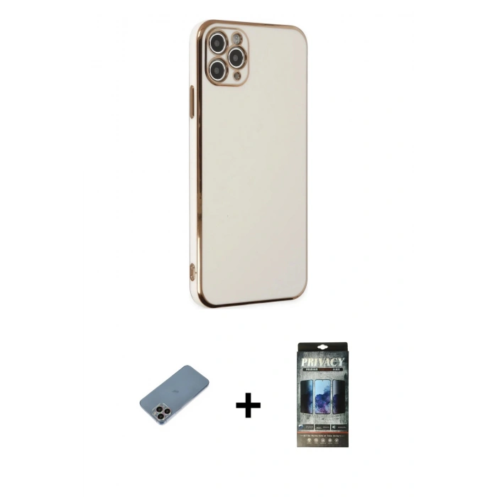 MARSİLYAN™- iPhone 11 Pro Max Kılıf Yankı Serisi - Siyah 34D Hayalet Izgaralı Cam + Shine Kamera Lens Koruma Cam - GI