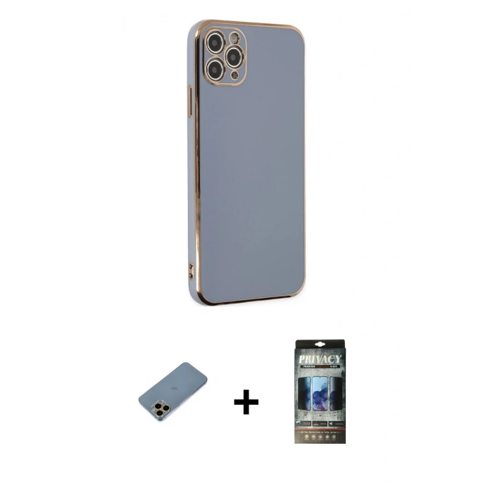 MARSİLYAN™- iPhone 11 Pro Max Kılıf Yankı Serisi - Siyah 34D Hayalet Izgaralı Cam + Shine Kamera Lens Koruma Cam - GD