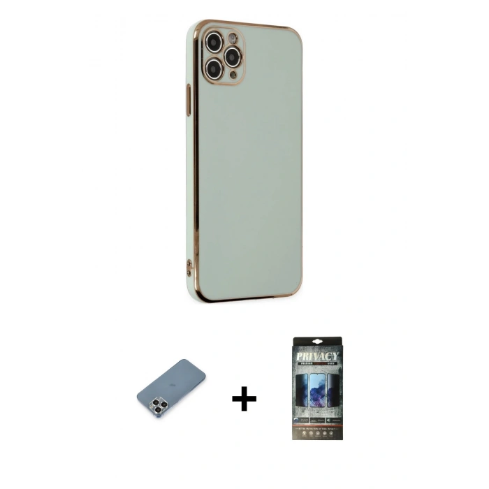 MARSİLYAN™- iPhone 11 Pro Max Kılıf Yankı Serisi - Siyah 34D Hayalet Izgaralı Cam + Metal Kamera Lens Koruma Cam - GS