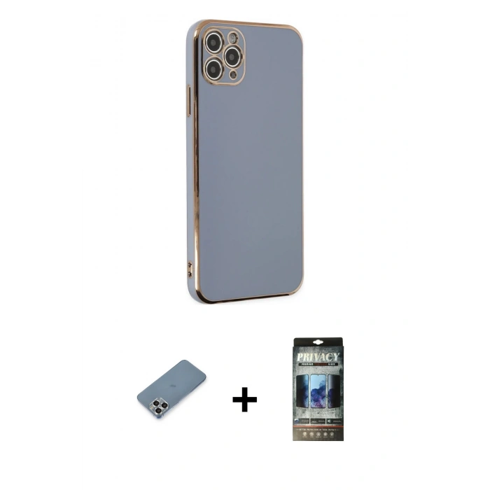 MARSİLYAN™- iPhone 11 Pro Max Kılıf Yankı Serisi - Siyah 34D Hayalet Izgaralı Cam + Metal Kamera Lens Koruma Cam - GS
