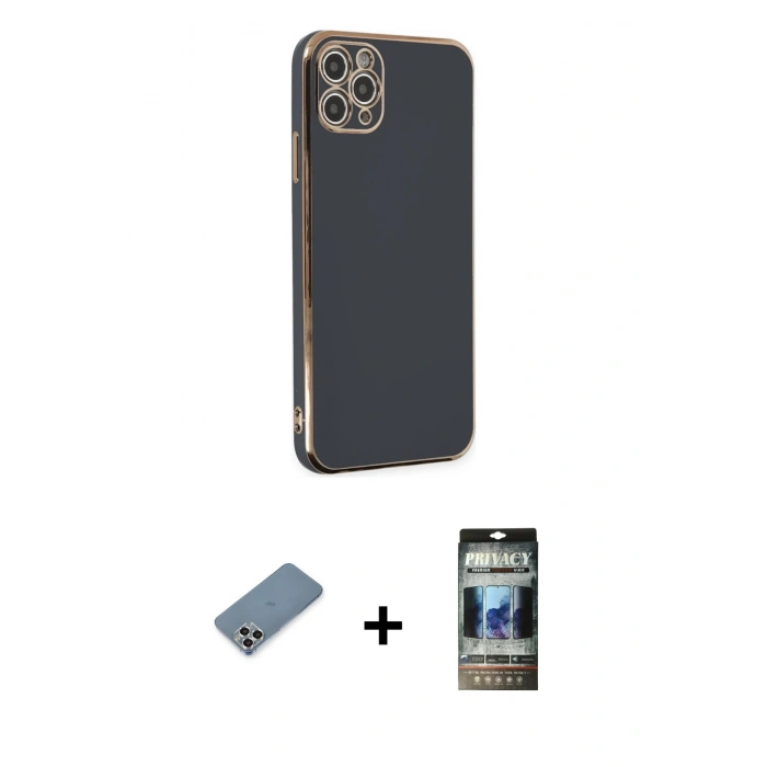MARSİLYAN™- iPhone 11 Pro Max Kılıf Yankı Serisi - Siyah 34D Hayalet Izgaralı Cam + Metal Kamera Lens Koruma Cam - GS