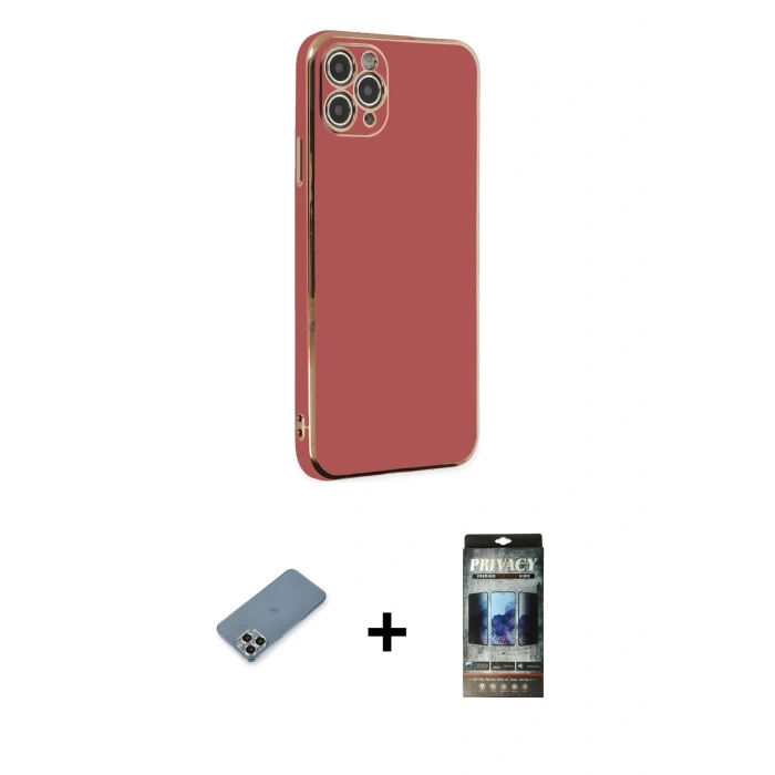 MARSİLYAN™- iPhone 11 Pro Max Kılıf Yankı Serisi - Siyah 34D Hayalet Izgaralı Cam + Metal Kamera Lens Koruma Cam - GS