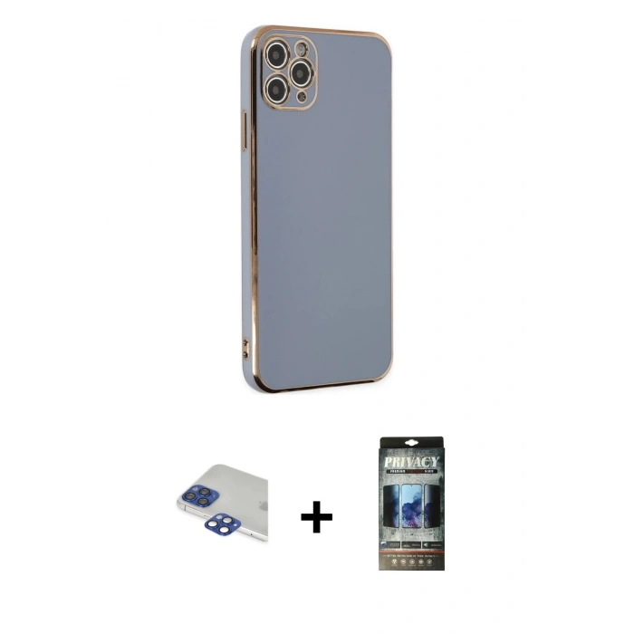 MARSİLYAN™- iPhone 11 Pro Max Kılıf Yankı Serisi - Siyah 34D Hayalet Izgaralı Cam + Pers Alüminyum Kamera Lens - LT