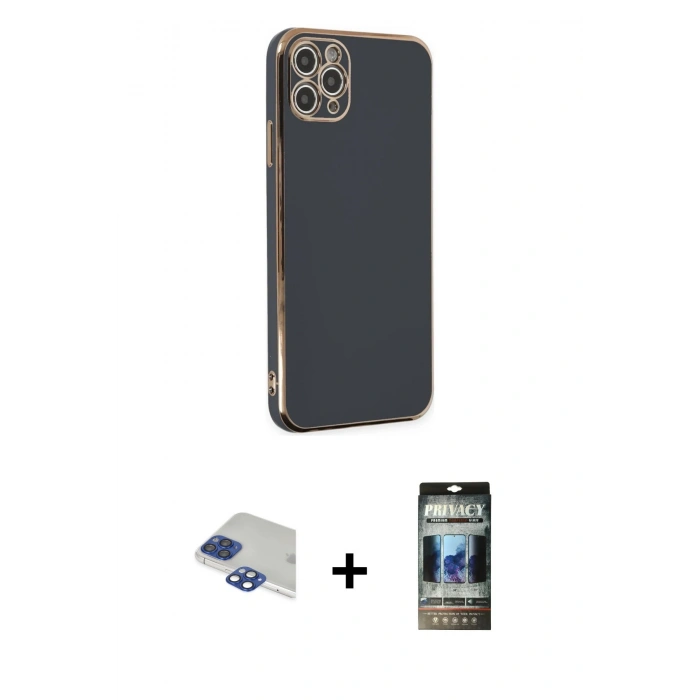 MARSİLYAN™- iPhone 11 Pro Max Kılıf Yankı Serisi - Siyah 34D Hayalet Izgaralı Cam + Pers Alüminyum Kamera Lens - LT