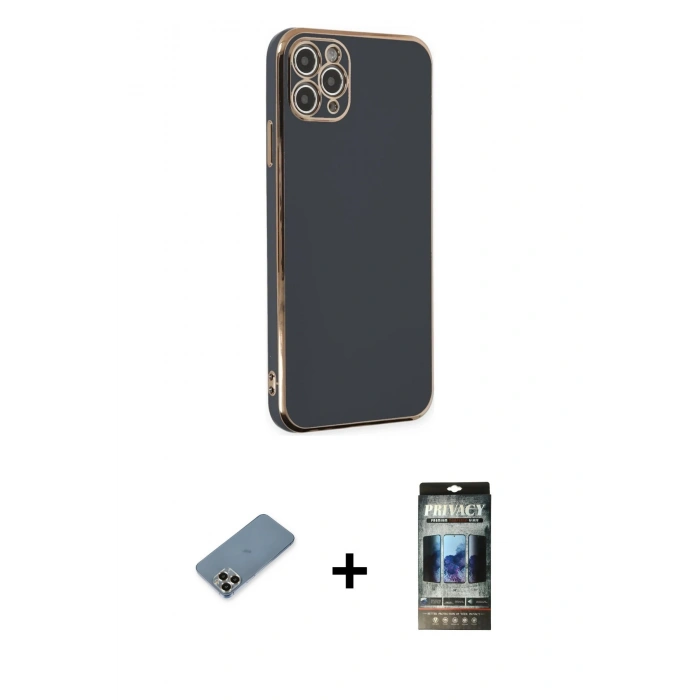 MARSİLYAN™- iPhone 11 Pro Max Kılıf Yankı Serisi - Siyah 34D Hayalet Izgaralı Cam + Metal Kamera Lens Koruma Cam - GD