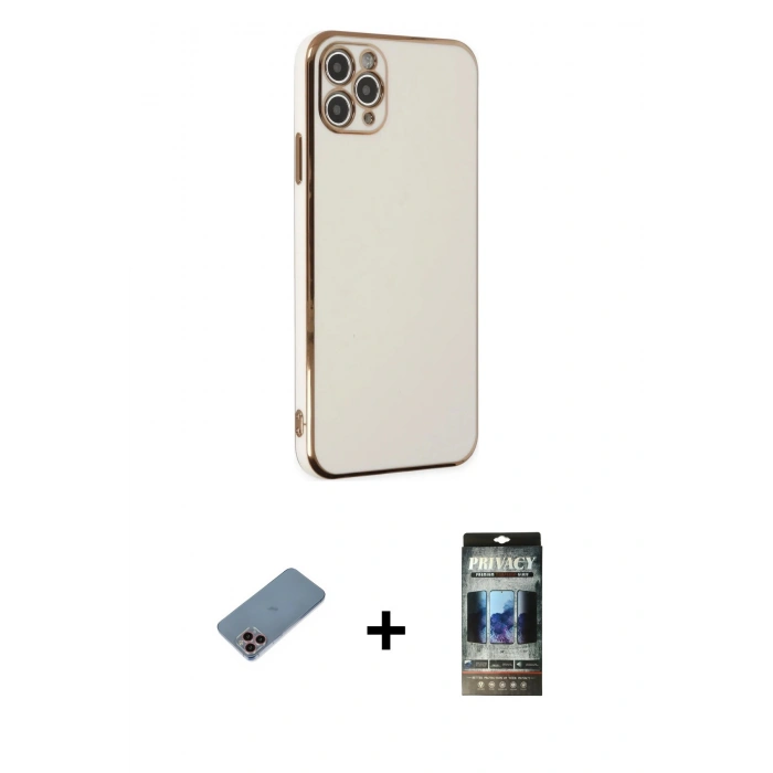 MARSİLYAN™- iPhone 11 Pro Max Kılıf Yankı Serisi - Siyah 34D Hayalet Izgaralı Cam + Shine Kamera Lens Koruma Cam - PE