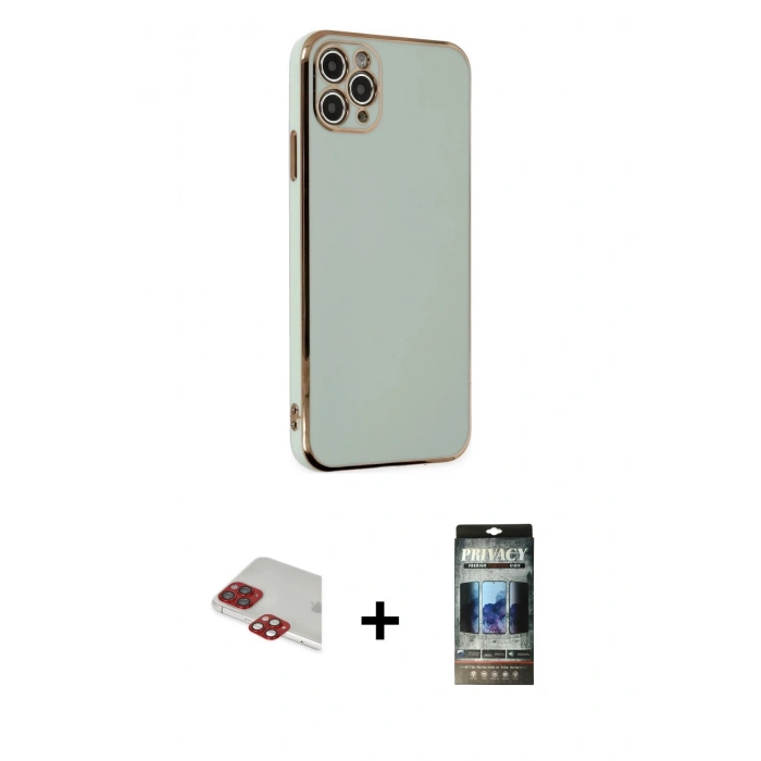 MARSİLYAN™- iPhone 11 Pro Max Kılıf Yankı Serisi - Siyah 34D Hayalet Izgaralı Cam + Pers Alüminyum Kamera Lens - KI
