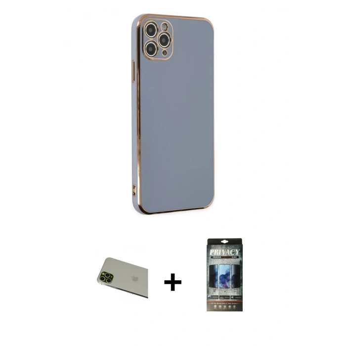 MARSİLYAN™- iPhone 11 Pro Max Kılıf Yankı Serisi - Siyah 34D Hayalet Izgaralı Cam + Rainbow Kamera Lens Koruma Cam - YL