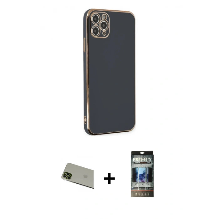 MARSİLYAN™- iPhone 11 Pro Max Kılıf Yankı Serisi - Siyah 34D Hayalet Izgaralı Cam + Rainbow Kamera Lens Koruma Cam - YL