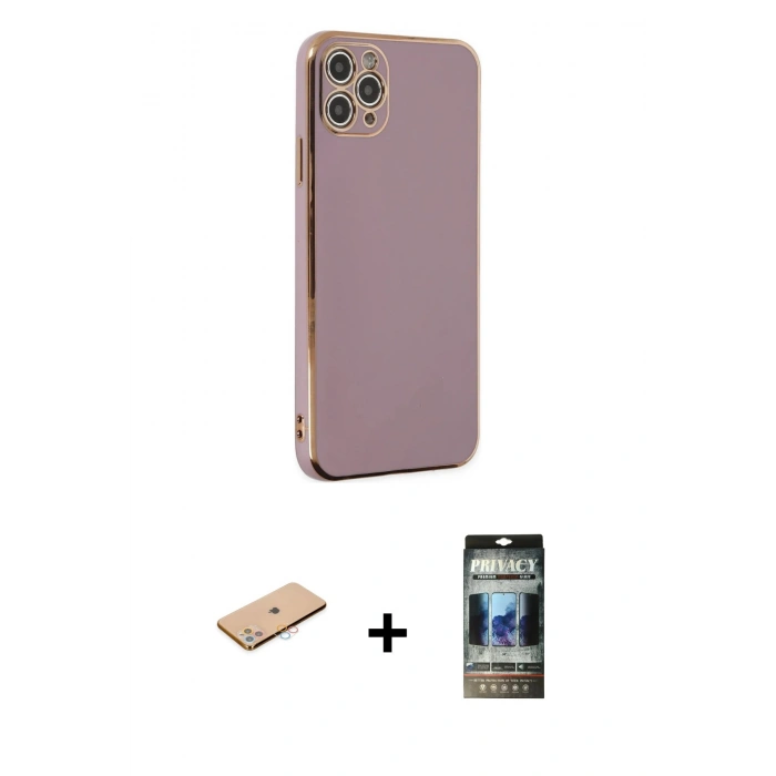 MARSİLYAN™- iPhone 11 Pro Max Kılıf Yankı Serisi - Siyah 34D Hayalet Izgaralı Cam + Renkli Kamera Lens Koruma Cam - PE