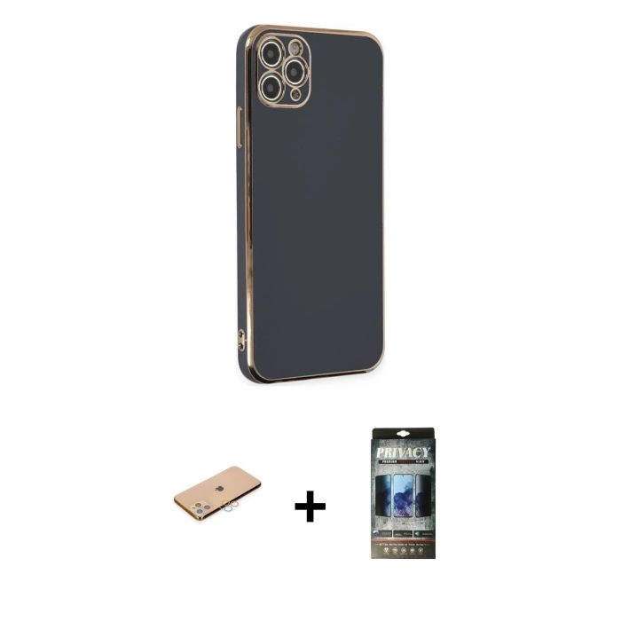 MARSİLYAN™- iPhone 11 Pro Max Kılıf Yankı Serisi - Siyah 34D Hayalet Izgaralı Cam + Renkli Kamera Lens Koruma Cam - PE