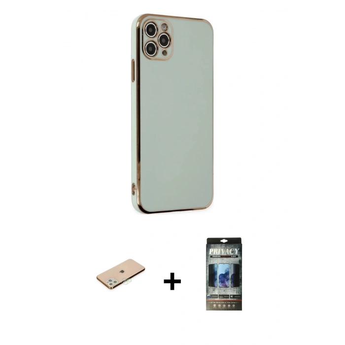 MARSİLYAN™- iPhone 11 Pro Max Kılıf Yankı Serisi - Siyah 34D Hayalet Izgaralı Cam + Renkli Kamera Lens Koruma Cam - YL