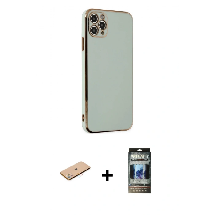 MARSİLYAN™- iPhone 11 Pro Max Kılıf Yankı Serisi - Siyah 34D Hayalet Izgaralı Cam + Renkli Kamera Lens Koruma Cam - PE