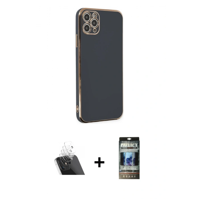 MARSİLYAN™- iPhone 11 Pro Max Kılıf Yankı Serisi - Siyah 34D Hayalet Izgaralı Cam + Kamera Lens Koruma Cam - SF