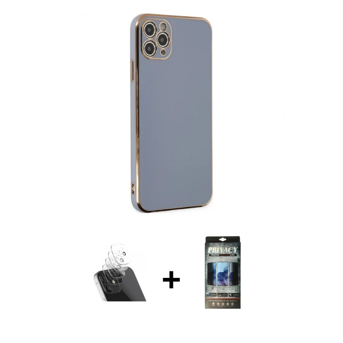 MARSİLYAN™- iPhone 11 Pro Max Kılıf Yankı Serisi - Siyah 34D Hayalet Izgaralı Cam + Kamera Lens Koruma Cam - SF