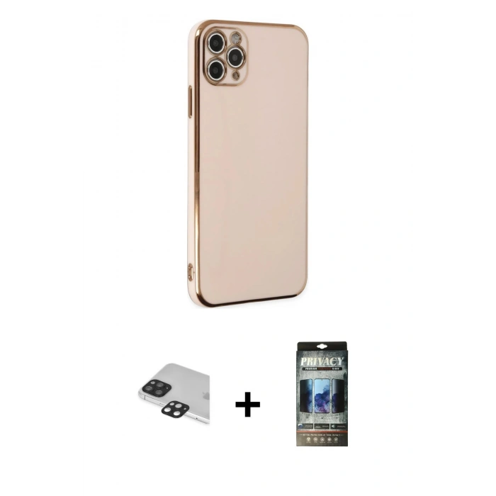 MARSİLYAN™- iPhone 11 Pro Max Kılıf Yankı Serisi - Siyah 34D Hayalet Izgaralı Cam + Pers Alüminyum Kamera Lens - SH