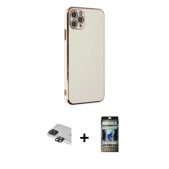 MARSİLYAN™- iPhone 11 Pro Max Kılıf Yankı Serisi - Siyah 34D Hayalet Izgaralı Cam + Pers Alüminyum Kamera Lens - SH