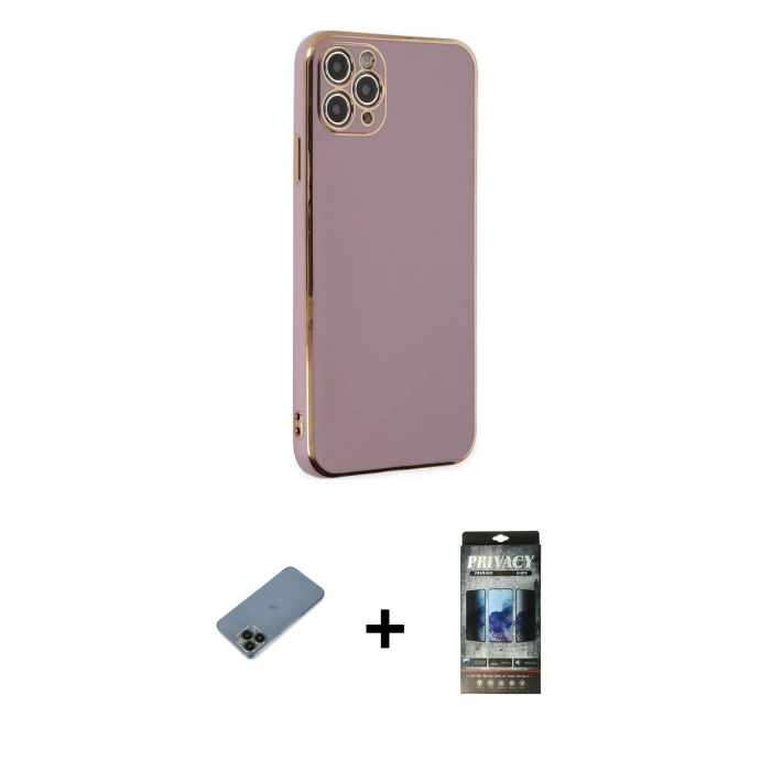 MARSİLYAN™- iPhone 11 Pro Max Kılıf Yankı Serisi - Siyah 34D Hayalet Izgaralı Cam + Siyah Shine Kamera Lens Koruma Cam
