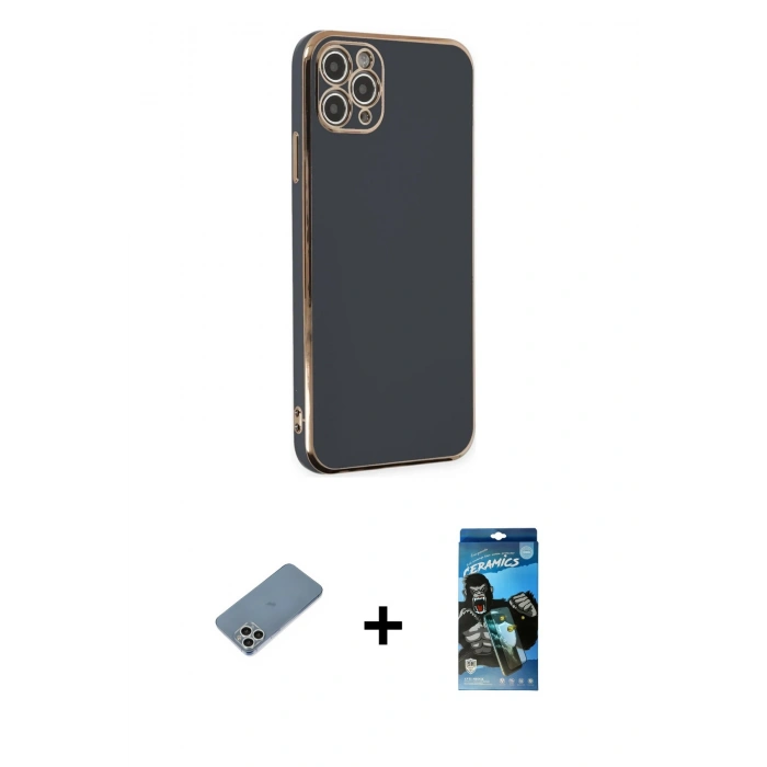 MARSİLYAN™- iPhone 11 Pro Max Kılıf Yankı Serisi - Siyah 34D Izgaralı Cam + Shine Kamera Lens Koruma Cam - GS