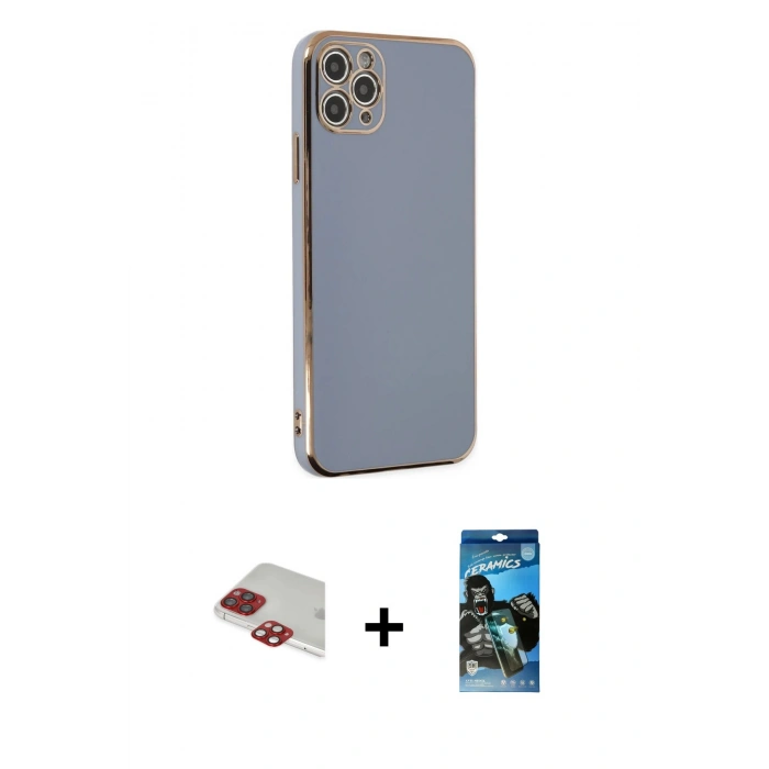 MARSİLYAN™- iPhone 11 Pro Max Kılıf Yankı Serisi - Siyah 34D Izgaralı Cam + Pers Alüminyum Kamera Lens - KI