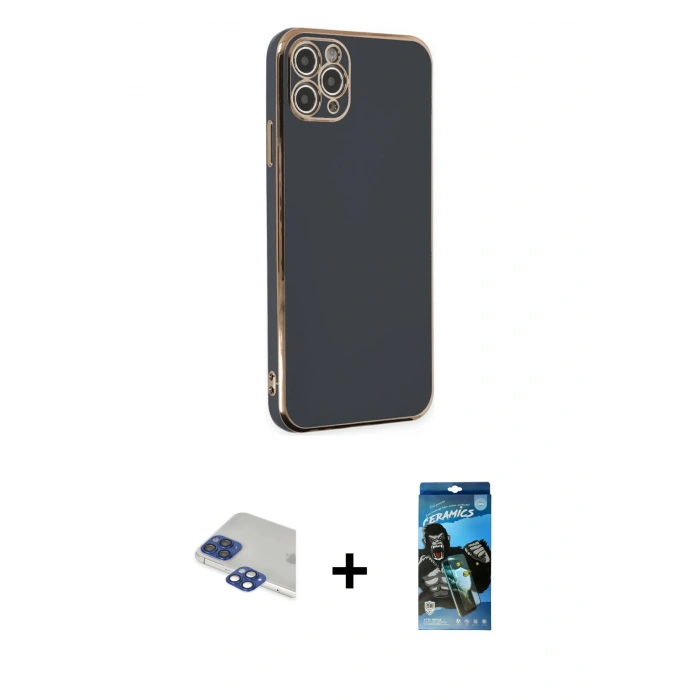 MARSİLYAN™- iPhone 11 Pro Max Kılıf Yankı Serisi - Siyah 34D Izgaralı Cam + Pers Alüminyum Kamera Lens - LT