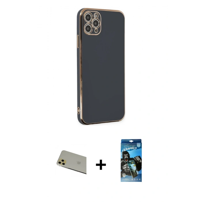 MARSİLYAN™- iPhone 11 Pro Max Kılıf Yankı Serisi - Siyah 34D Izgaralı Cam + Rainbow Kamera Lens Koruma Cam - GD