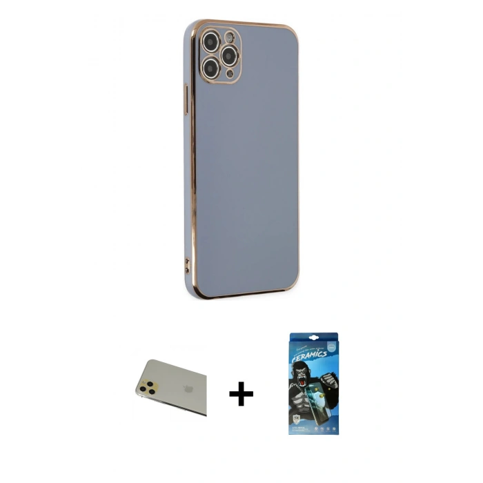 MARSİLYAN™- iPhone 11 Pro Max Kılıf Yankı Serisi - Siyah 34D Izgaralı Cam + Rainbow Kamera Lens Koruma Cam - GD