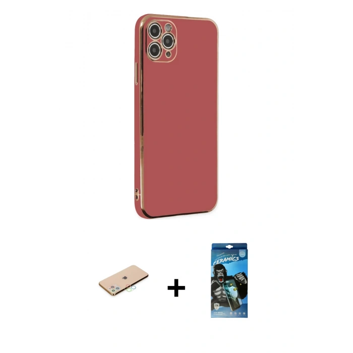 MARSİLYAN™- iPhone 11 Pro Max Kılıf Yankı Serisi - Siyah 34D Izgaralı Cam + Renkli Kamera Lens Koruma Cam - MI