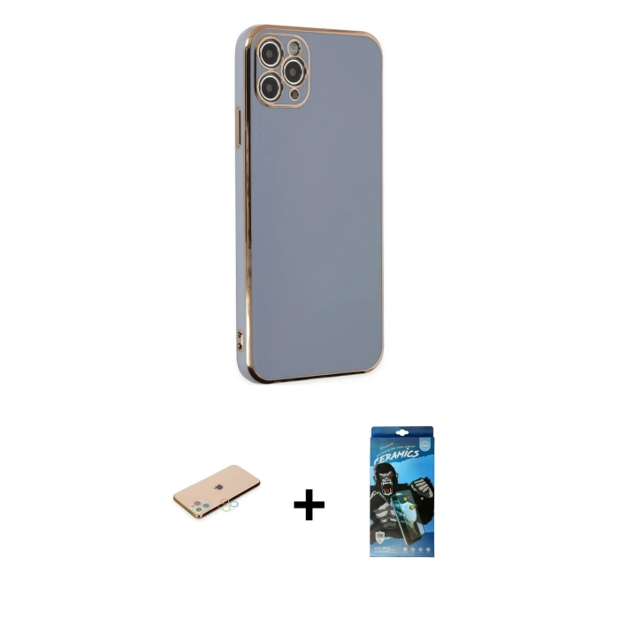 MARSİLYAN™- iPhone 11 Pro Max Kılıf Yankı Serisi - Siyah 34D Izgaralı Cam + Renkli Kamera Lens Koruma Cam - MI