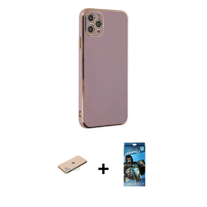 MARSİLYAN™- iPhone 11 Pro Max Kılıf Yankı Serisi - Siyah 34D Izgaralı Cam + Renkli Kamera Lens Koruma Cam - MI