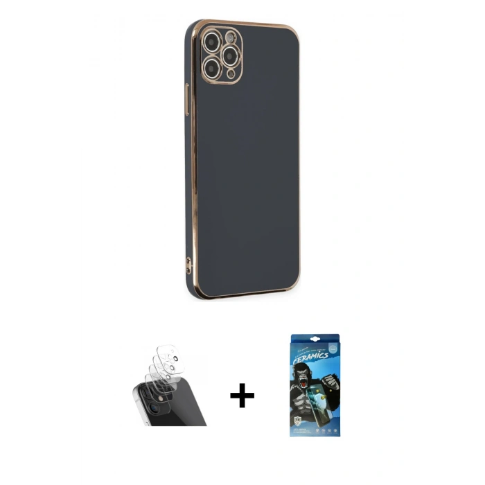 MARSİLYAN™- iPhone 11 Pro Max Kılıf Yankı Serisi - Siyah 34D Izgaralı Cam + Şeffaf Kamera Lens Koruma Cam