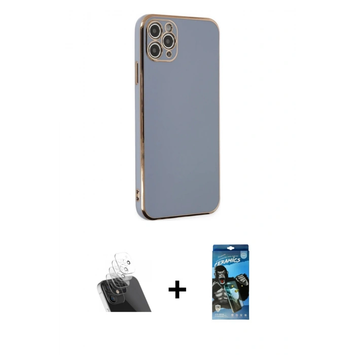 MARSİLYAN™- iPhone 11 Pro Max Kılıf Yankı Serisi - Siyah 34D Izgaralı Cam + Şeffaf Kamera Lens Koruma Cam