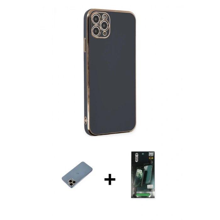 MARSİLYAN™- iPhone 11 Pro Max Kılıf Yankı Serisi - Siyah 360 Mat Full Body Arka Koruyucu + Shine Kamera Lens Koruma Cam - GD