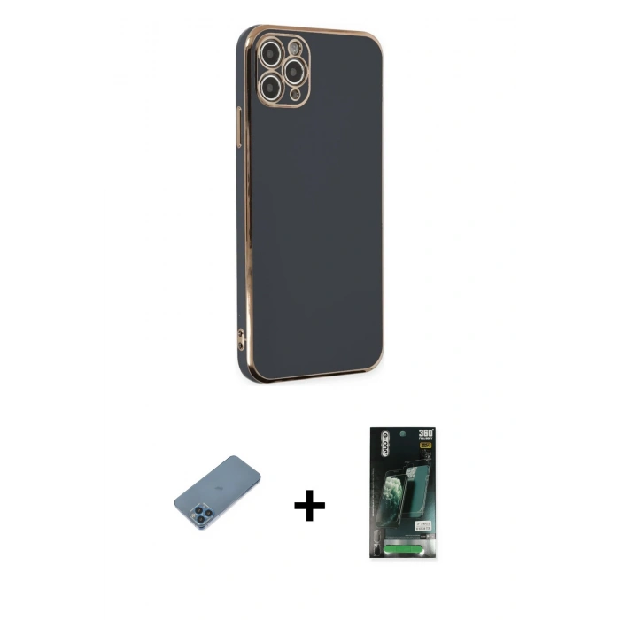 MARSİLYAN™- iPhone 11 Pro Max Kılıf Yankı Serisi - Siyah 360 Mat Full Body Arka Koruyucu + Shine Kamera Lens Koruma Cam - MI