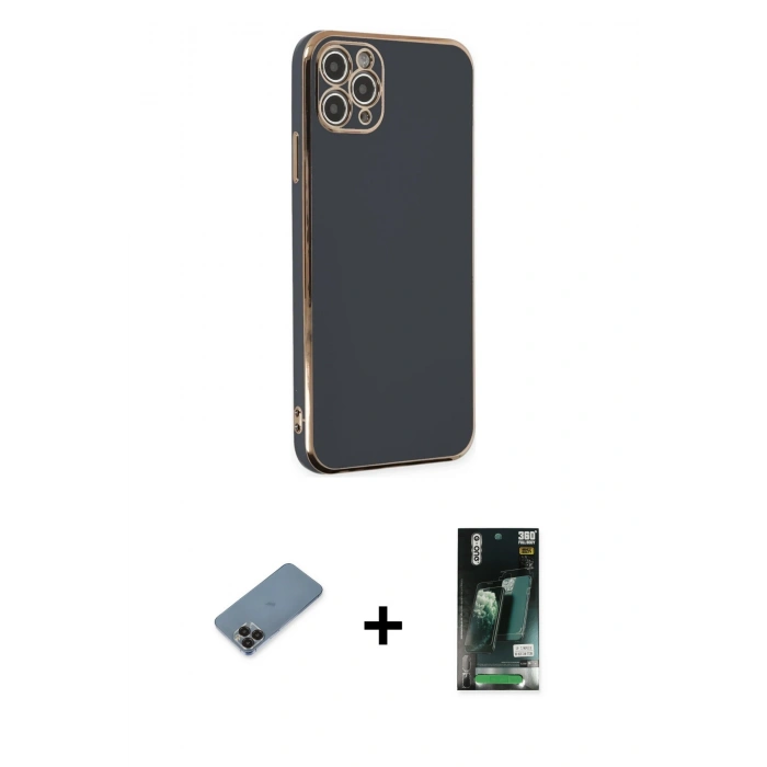 MARSİLYAN™- iPhone 11 Pro Max Kılıf Yankı Serisi - Siyah 360 Mat Full Body Arka Koruyucu + Metal Kamera Lens Koruma Cam - SH