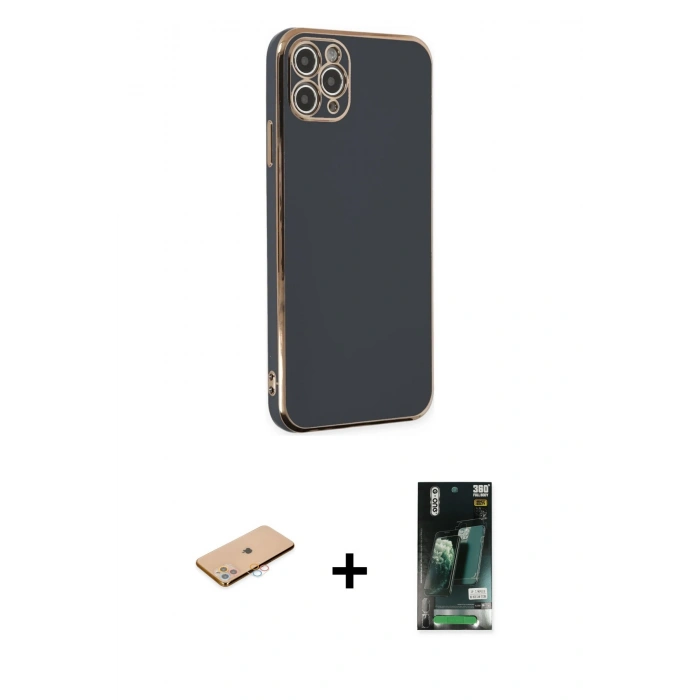 MARSİLYAN™- iPhone 11 Pro Max Kılıf Yankı Serisi - Siyah 360 Mat Full Body Arka Koruyucu + Renkli Kamera Lens Koruma Cam - PE