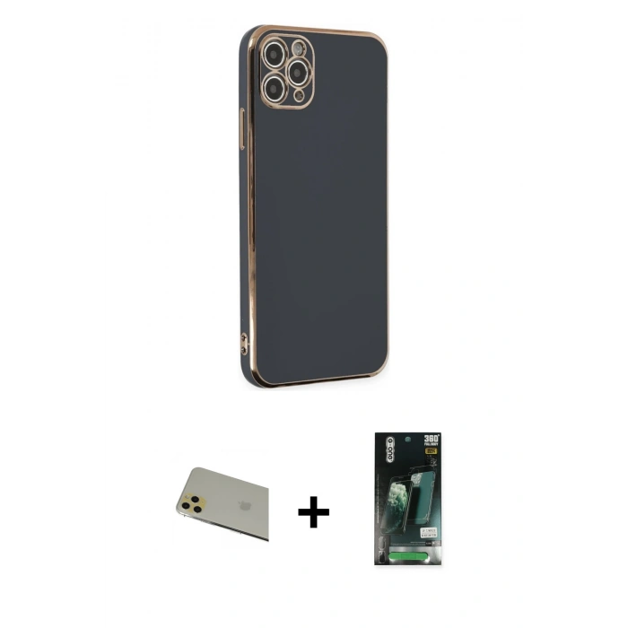 MARSİLYAN™- iPhone 11 Pro Max Kılıf Yankı Serisi - Siyah 360 Mat Full Body Arka Koruyucu + Rainbow Kamera Lens Koruma Cam - GD