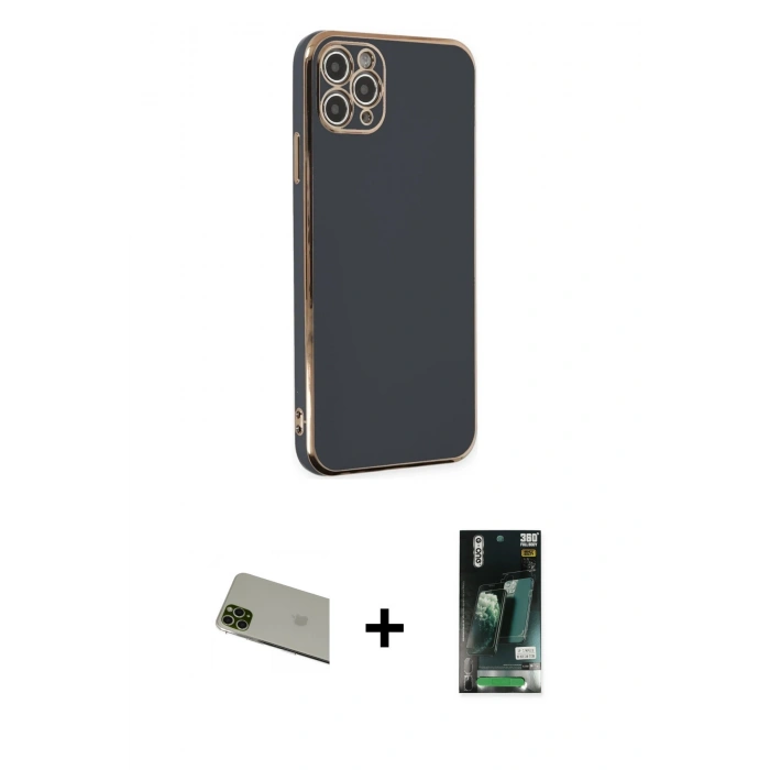 MARSİLYAN™- iPhone 11 Pro Max Kılıf Yankı Serisi - Siyah 360 Mat Full Body Arka Koruyucu + Rainbow Kamera Lens Koruma Cam - YL